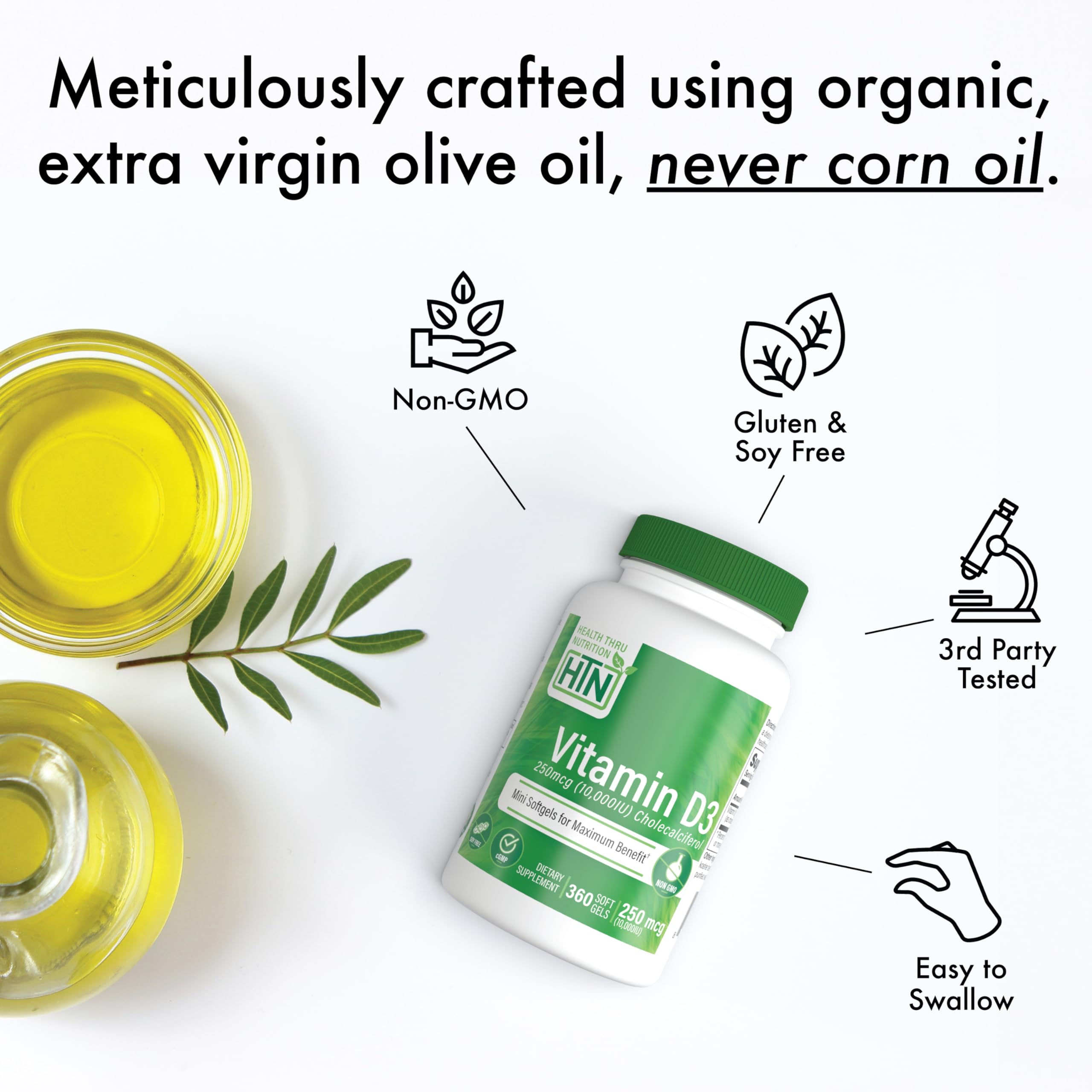 D3 en huile d’olive bio Health Thru Nutrition, émulsion naturelle pour absorption efficace.