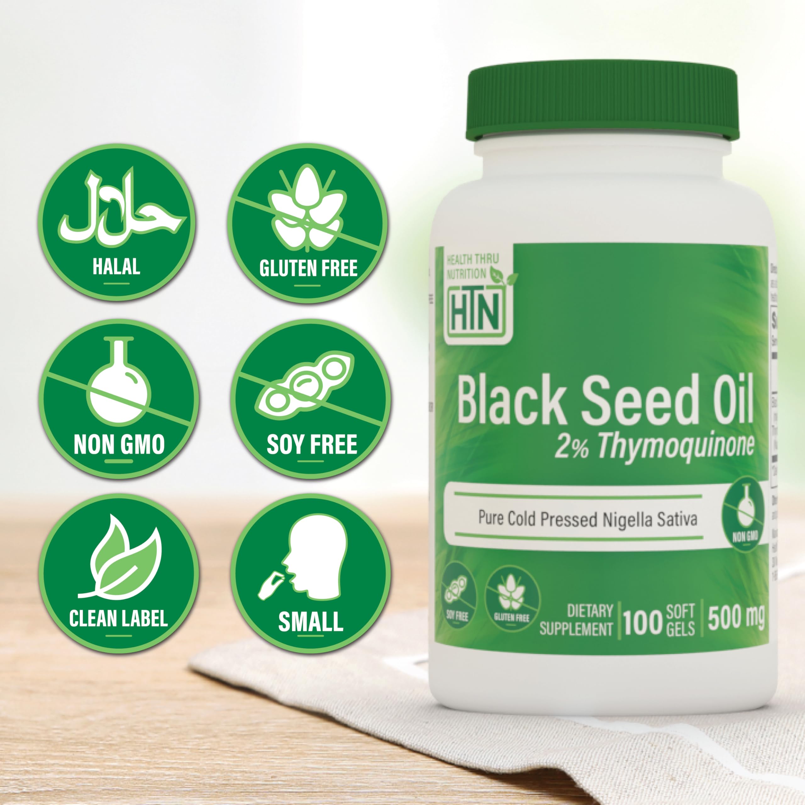 Health Thru Nutrition étiquette nigelle – traçabilité et pureté visibles.