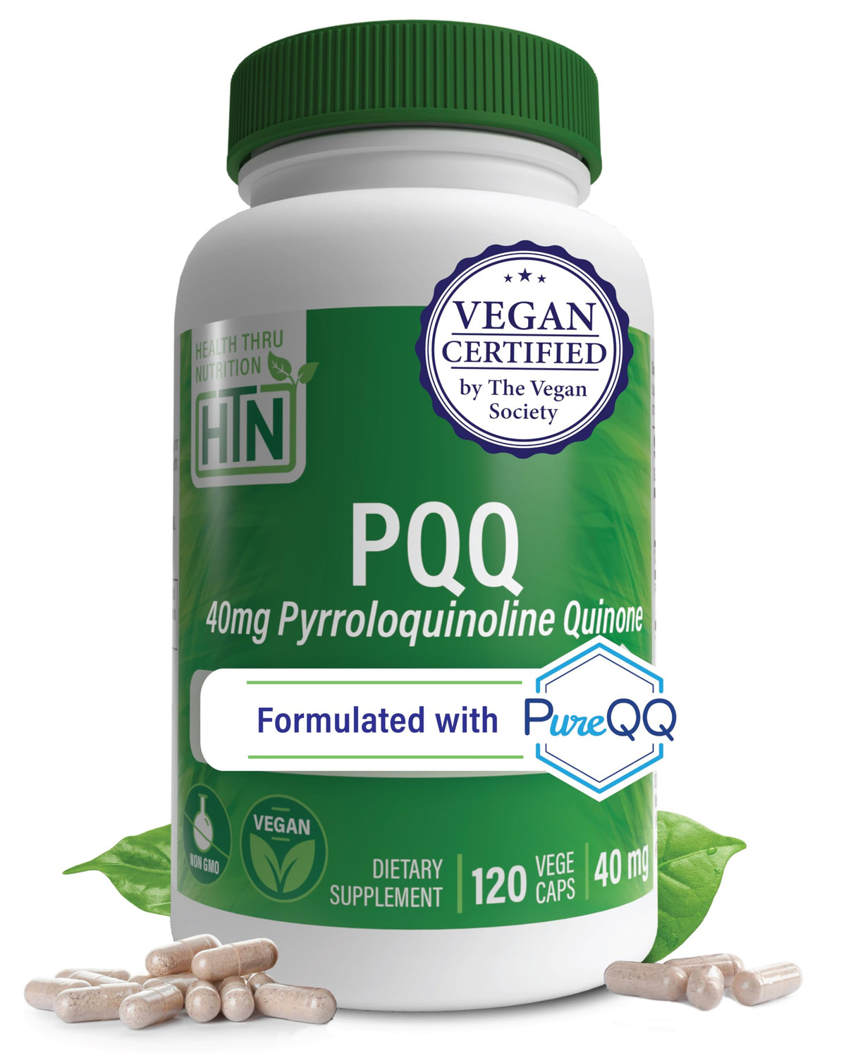 Health Thru Nutrition PQQ 40 mg, bouteille de capsules, soutien potentiel énergie cellulaire.