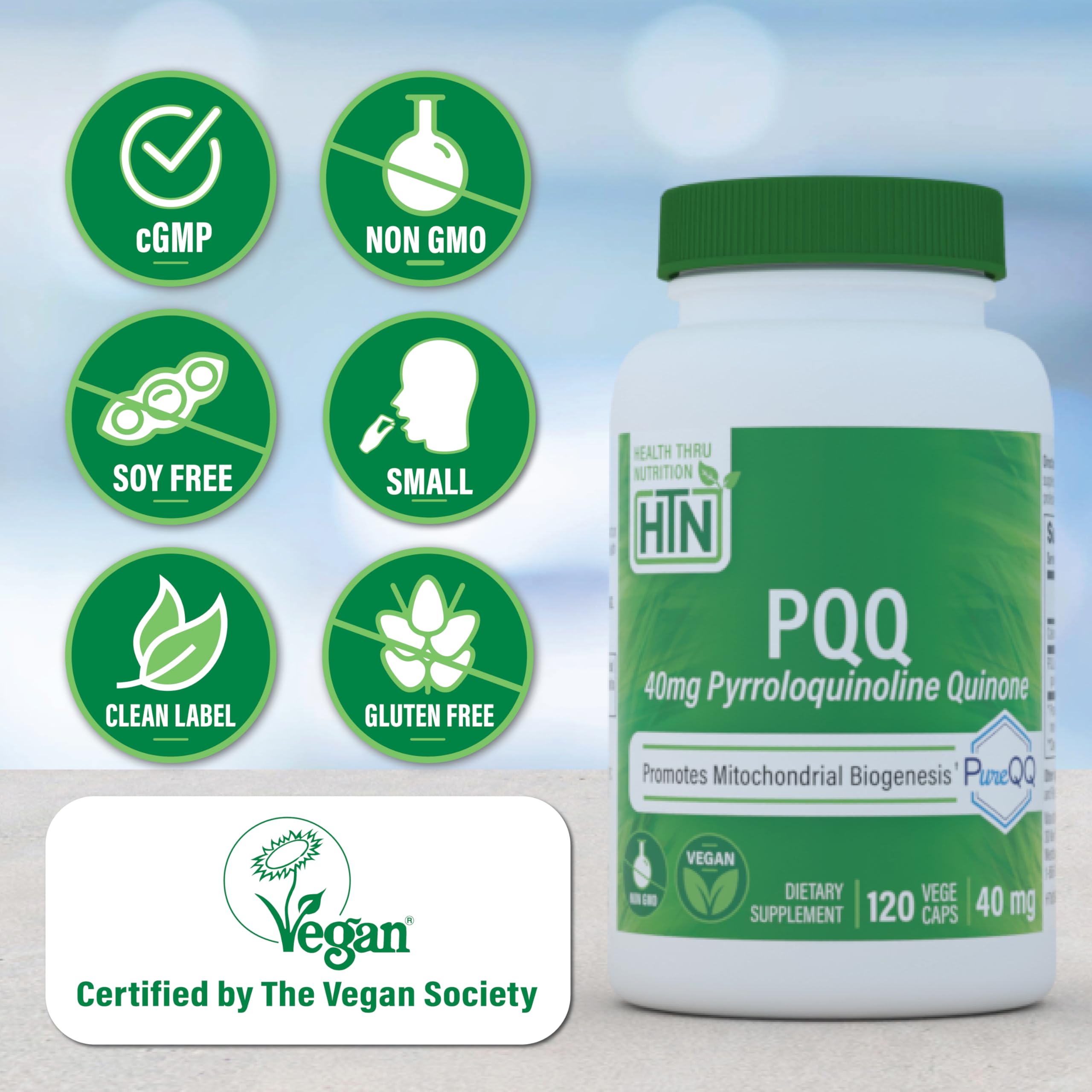 Étiquette clean-label Health Thru Nutrition PQQ 40 mg sans additifs superflus.