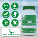Étiquette clean-label Health Thru Nutrition PQQ 40 mg sans additifs superflus.
