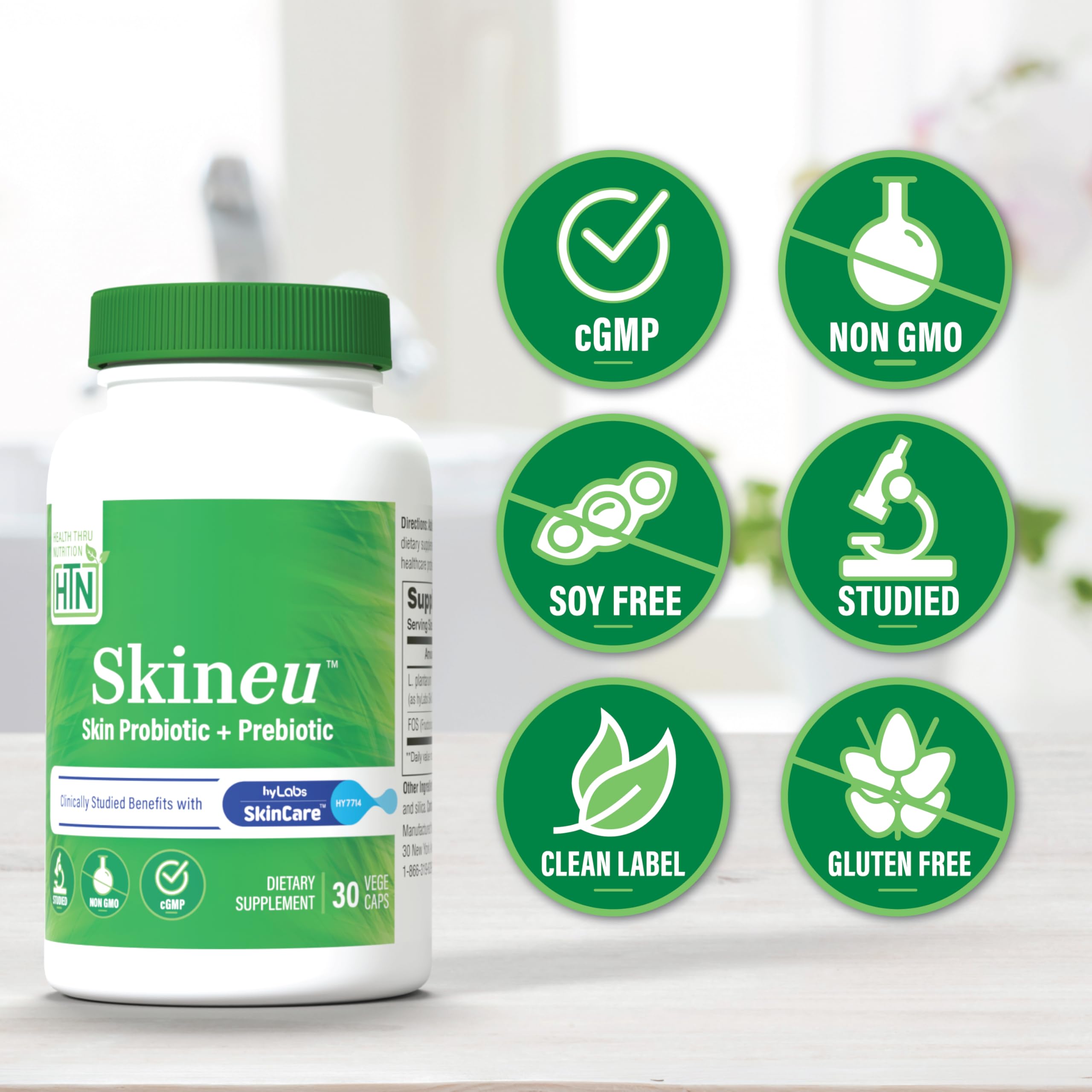 Health Thru Nutrition Skineu-dosage-bouchon: montre le bouchon doseur pratique.