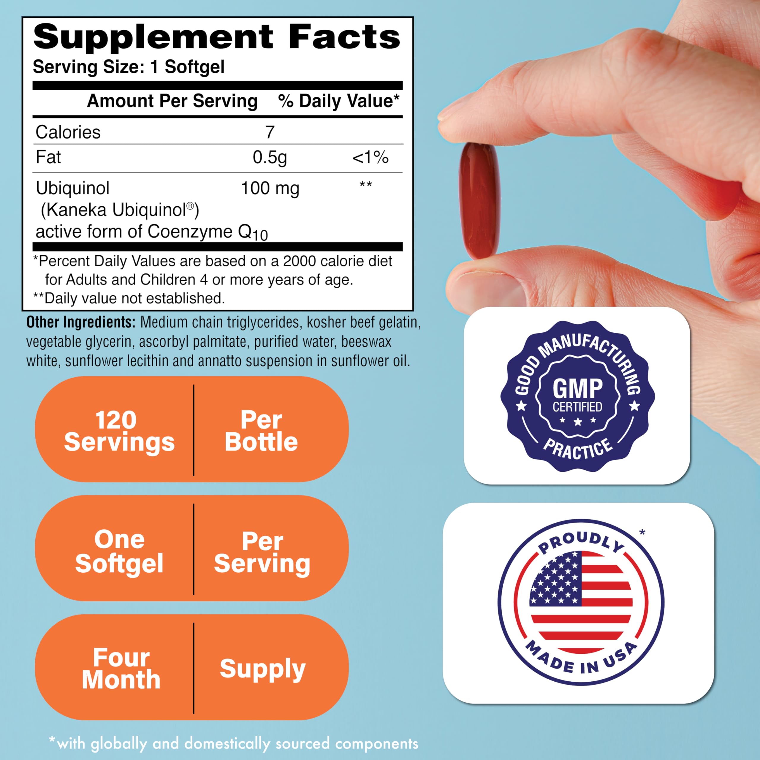 Health Thru Nutrition Ubiquinol 100mg – emballage pratique pour usage quotidien.
