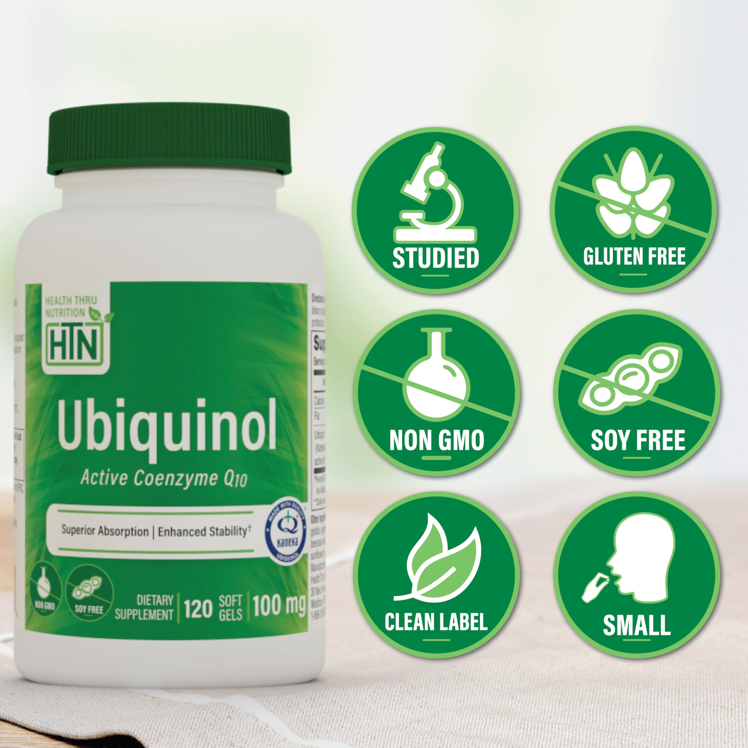 Health Thru Nutrition Ubiquinol 100mg – ingrédients Kaneka QH pour énergie potentielle.