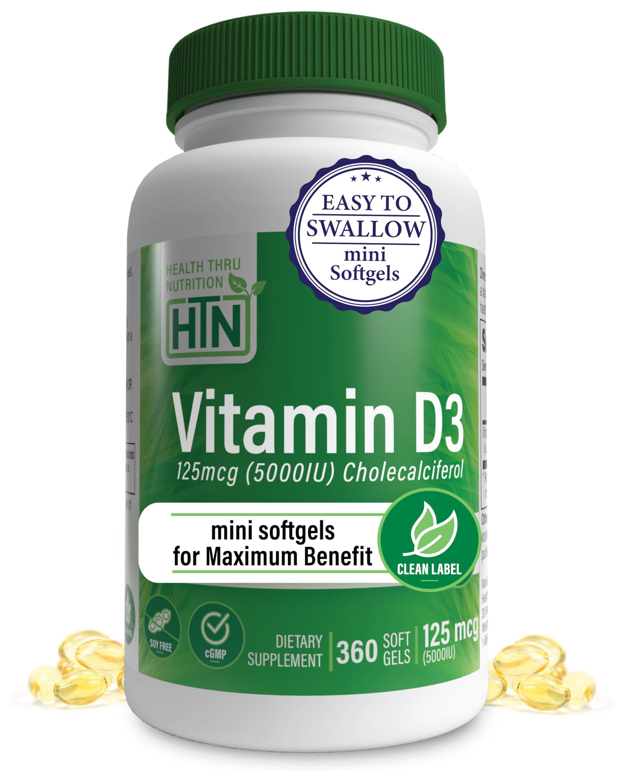 Health Thru Nutrition Vitamine D3 5000UI, bouteille de 360 capsules molles, soutien immunitaire potentiel.