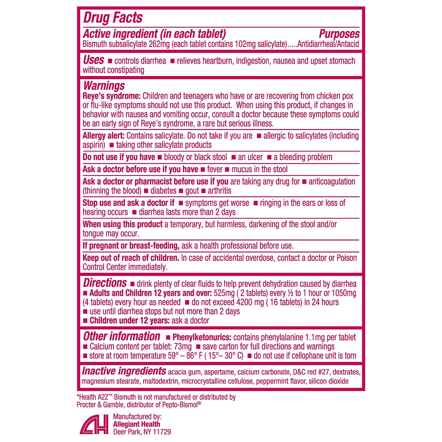 HealthA2Z Bismuth : étiquette de dosage claire pour une prise simplifiée.