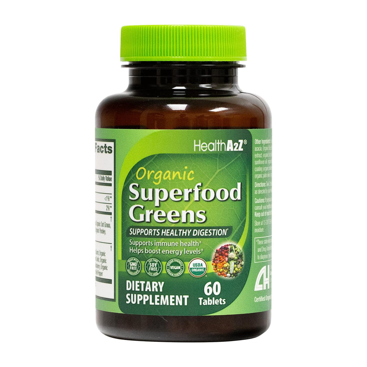 HealthA2Z boîte et bouteille du complément vert, soutien quotidien de vitalité naturelle.