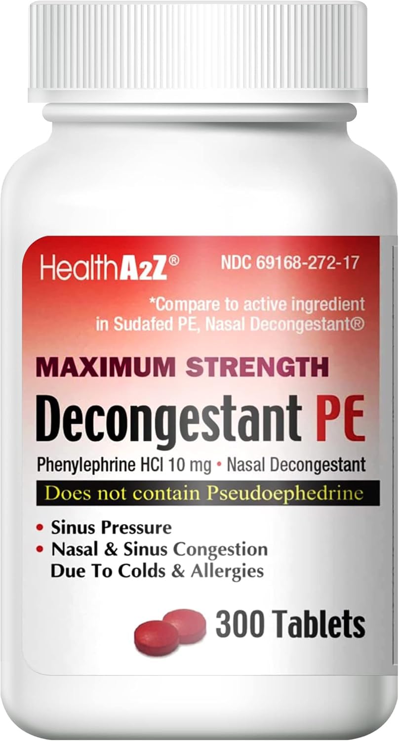 HealthA2Z Décongestionnant PE — bouteille de comprimés pour congestion nasale potentielle.