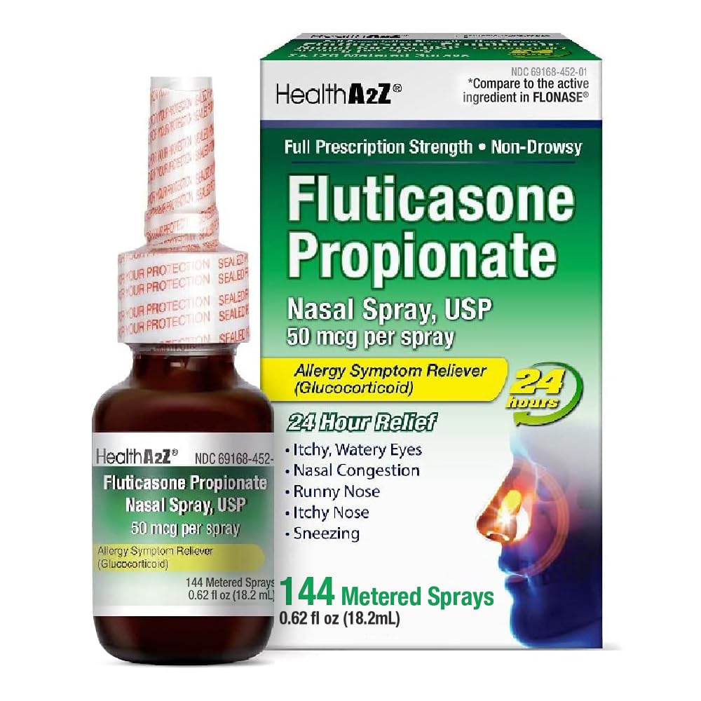 HealthA2Z Fluticasone Propionate aérosol nasal – bouteille prête pour le soulagement temporaire des allergies.
