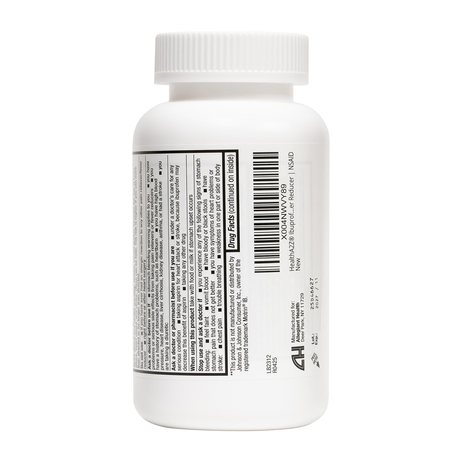 HealthA2Z Ibuprofen bouteille ouverte — capuchon démontré pour un dosage pratique.