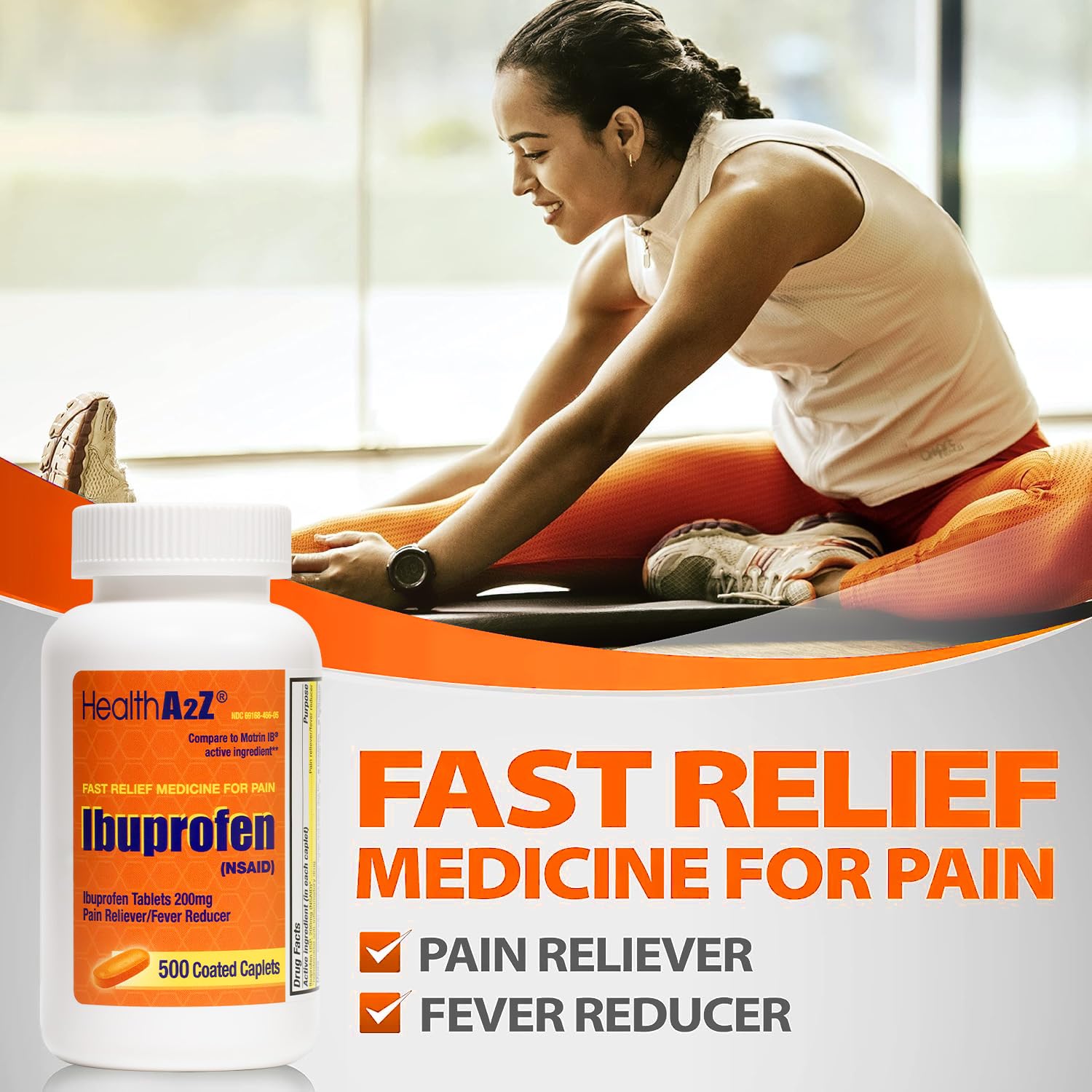 HealthA2Z Ibuprofen flacon orange — choix pratique pour douleur légère et fièvre éventuelle.