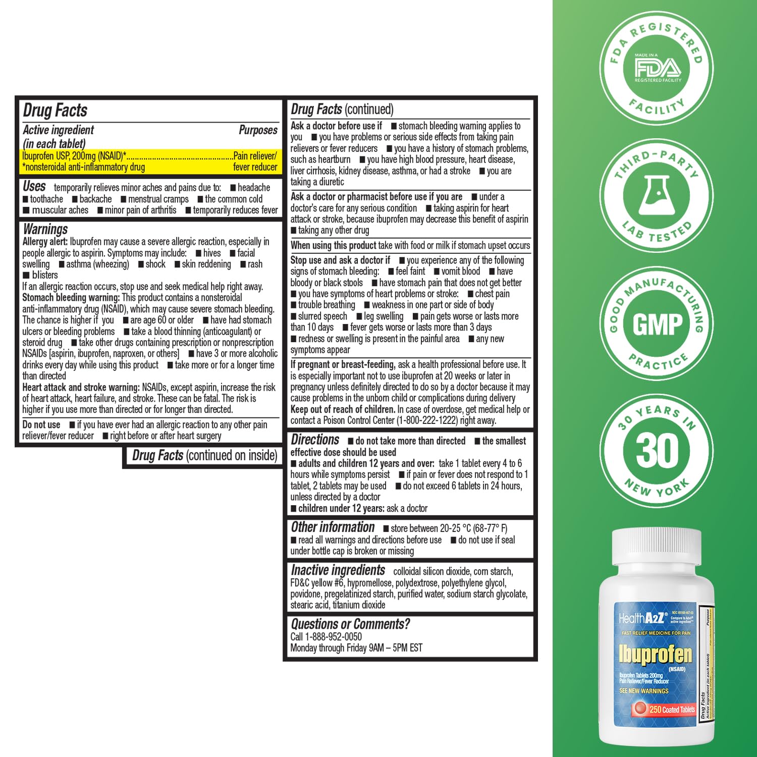 HealthA2Z ibuprofène 200 mg — étiquette claire pour une prise en toute sécurité.