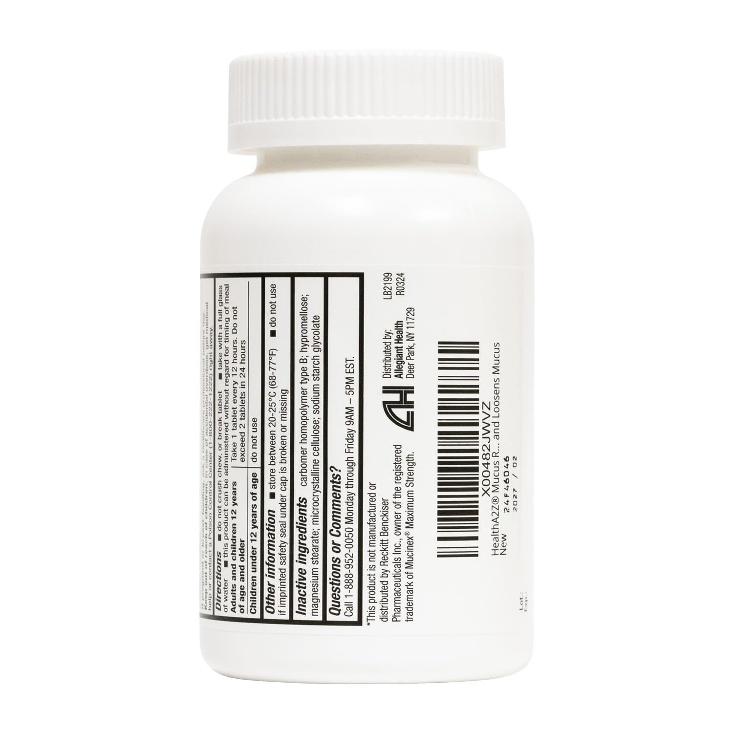 HealthA2Z Mucus Relief – étiquette et ingrédients visibles sur l'étiquette.