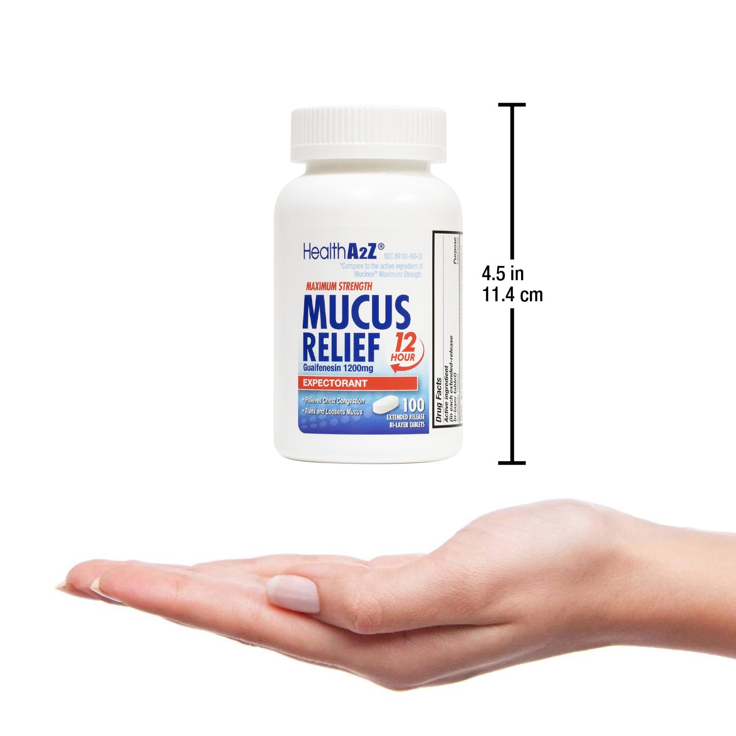HealthA2Z Mucus Relief – tablettes empilées, rangement compact.