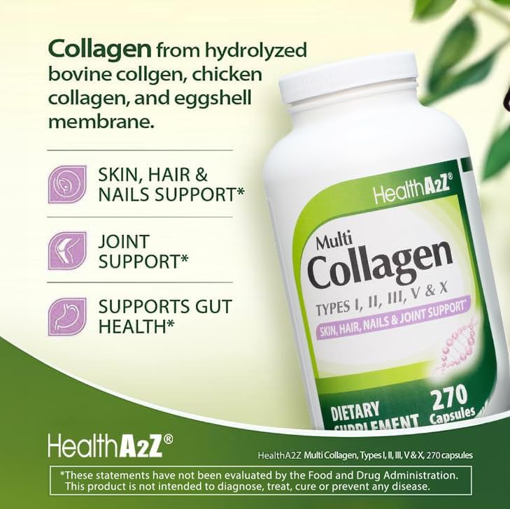 HealthA2Z Multi Collagen types I à X, choix complet pour peau, tendons et tissus conjonctifs.
