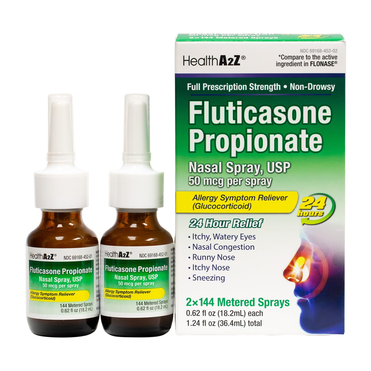 HealthA2Z pulvérisation nasale Fluticasone, soulagement des symptômes allergiques 24h.
