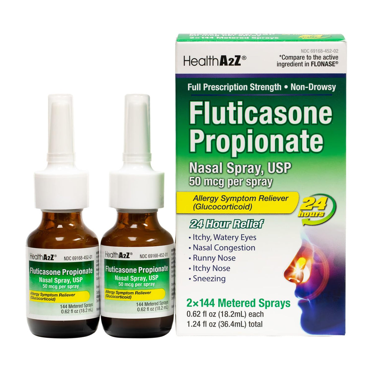 HealthA2Z pulvérisation nasale Fluticasone, soulagement des symptômes allergiques 24h.