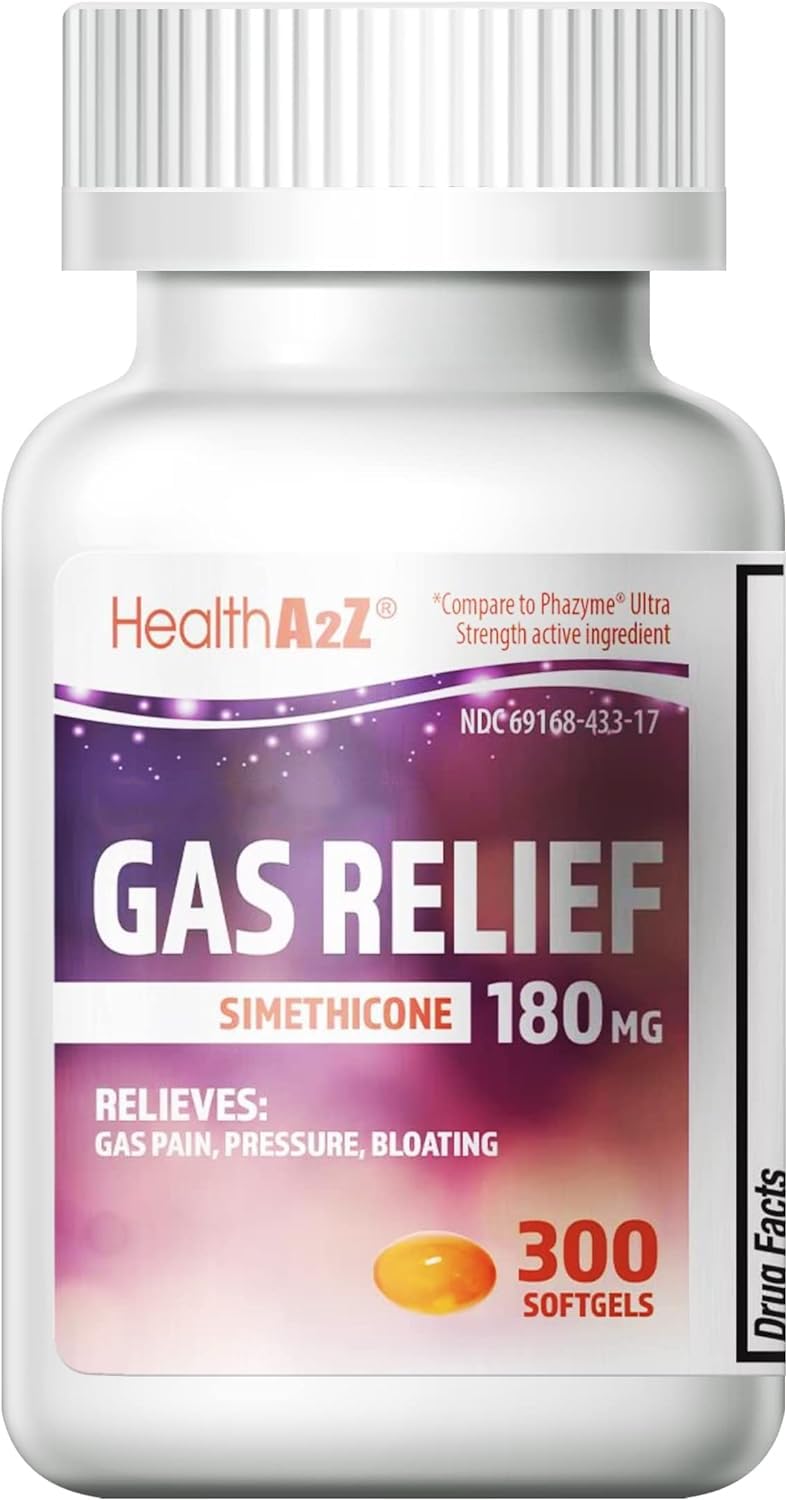 HealthA2Z Soulagement Gaz Capsule Molle - bouteille visible, peut réduire les gaz et les ballonnements.