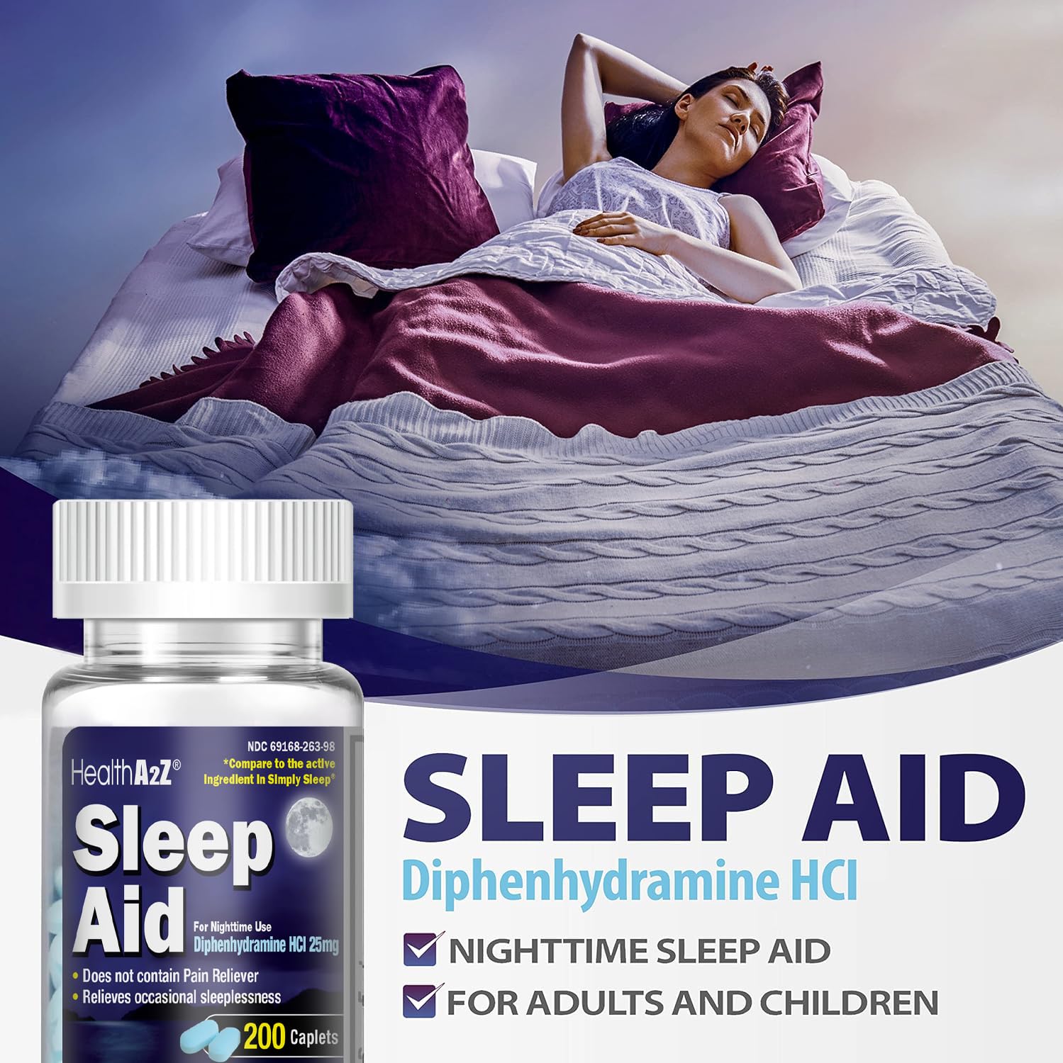 HealthA2Z Sleep Aid – prise en soirée, caplet pris discrètement pour favoriser le repos.