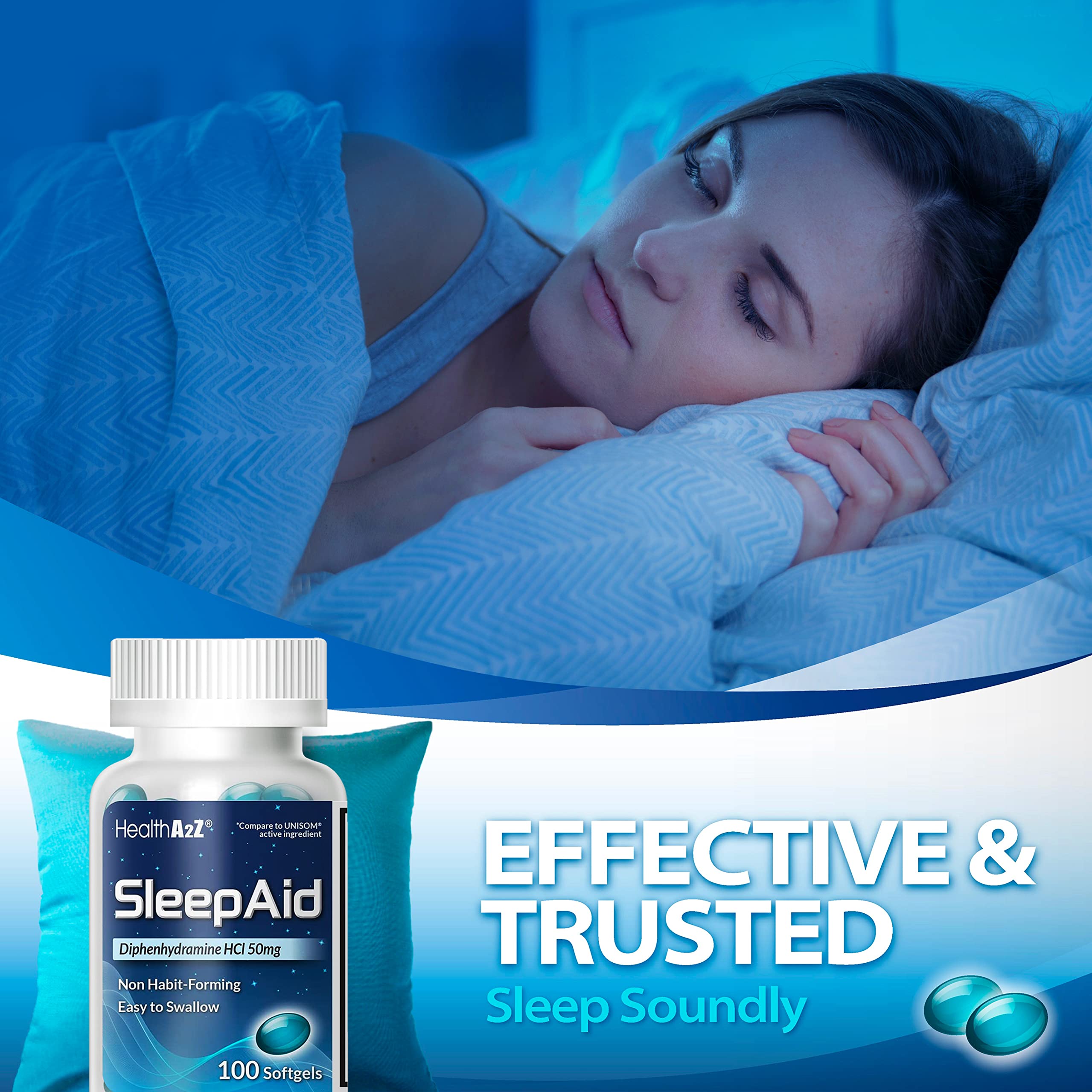 HealthA2Z Sommeil – plan serré sur la texture des gélules.