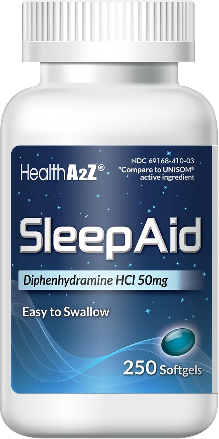 HealthA2Z Sommeil Softgel 50 mg — bouteille visible, aide potentielle à l'endormissement.
