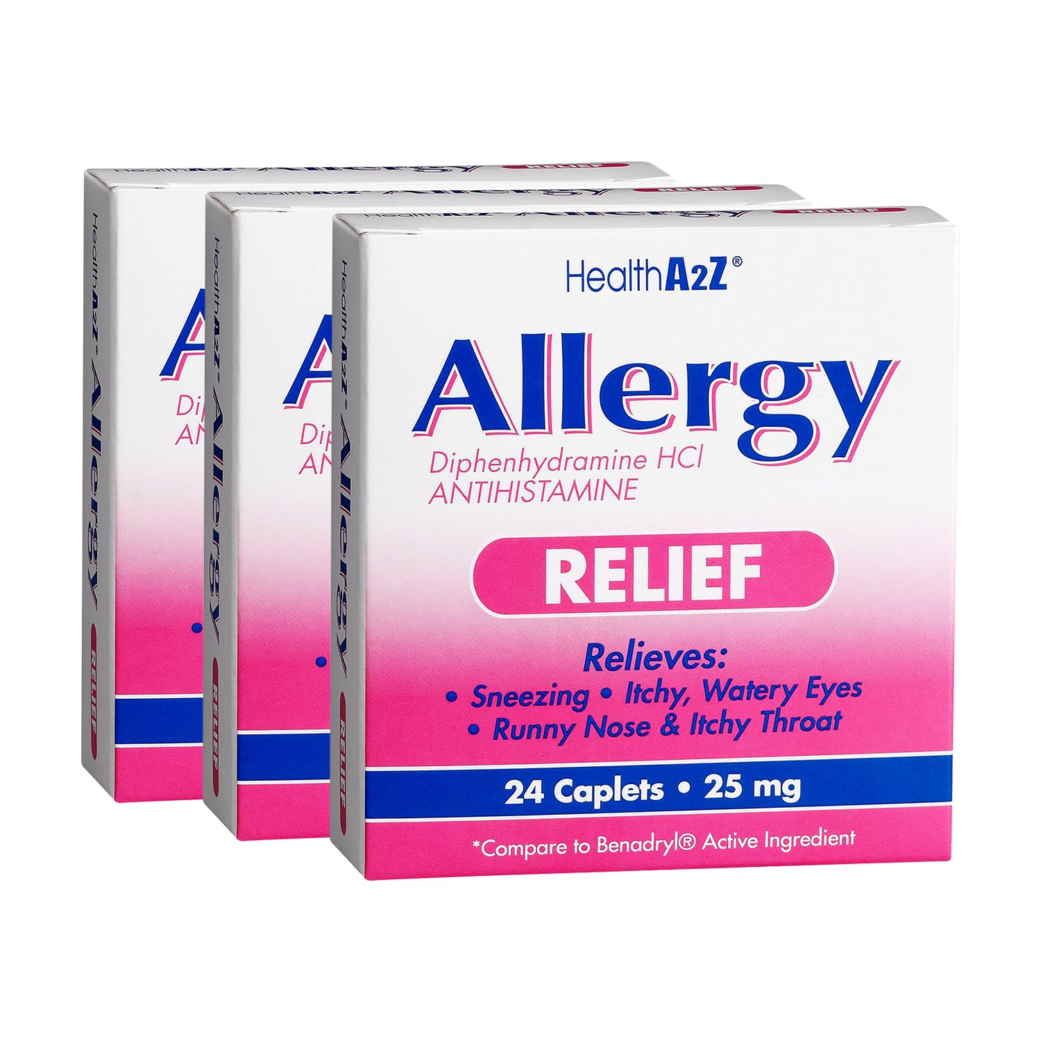 HealthA2Z Soulagement des allergies: bouteille 25 mg, soulage potentiellement éternuements et nez qui coule.