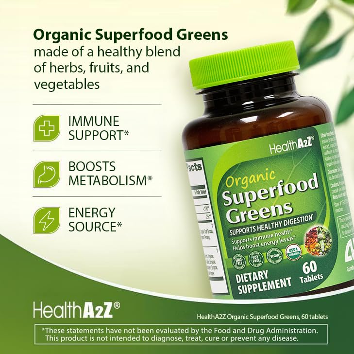HealthA2Z spiruline et mélange fruits-légumes, symbole d’antioxydants.