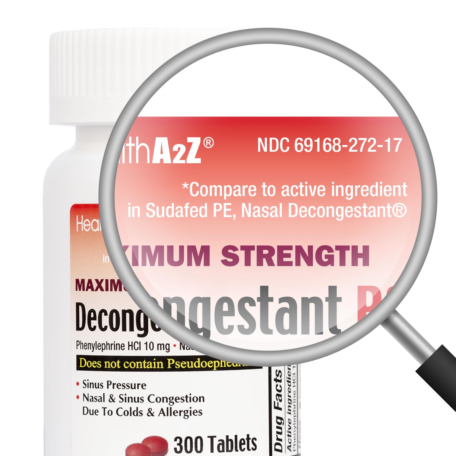 HealthA2Z Décongestionnant PE — tablettes 10 mg visibles pour soulagement rapide.
