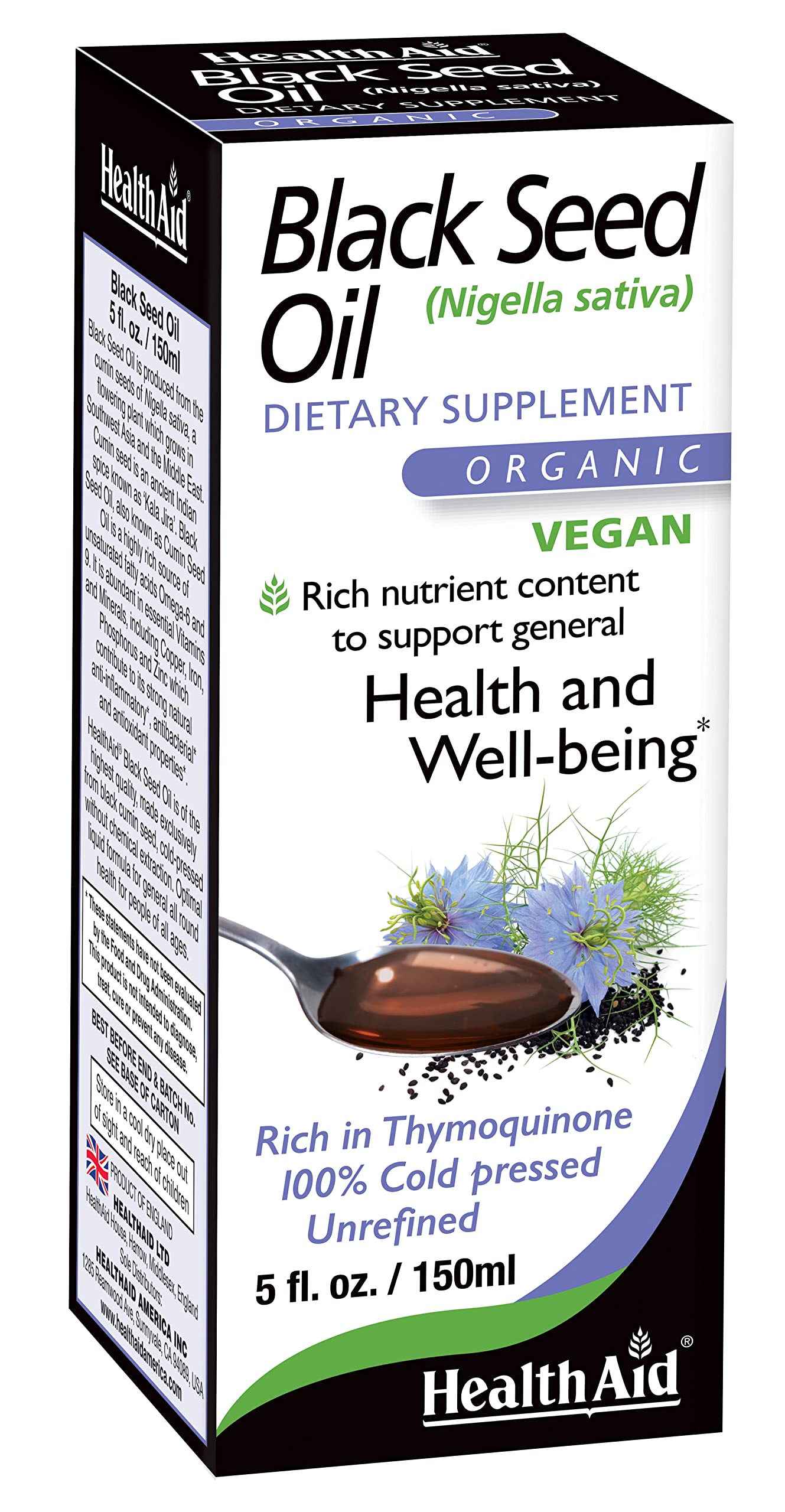 HealthAid huile de graines noires – bouteille, soutient le bien-être général.