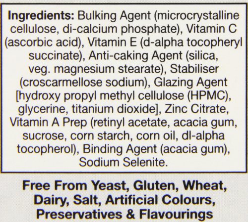 HealthAid Selenium Plus – tableau des ingrédients, sélénium et vitamines.
