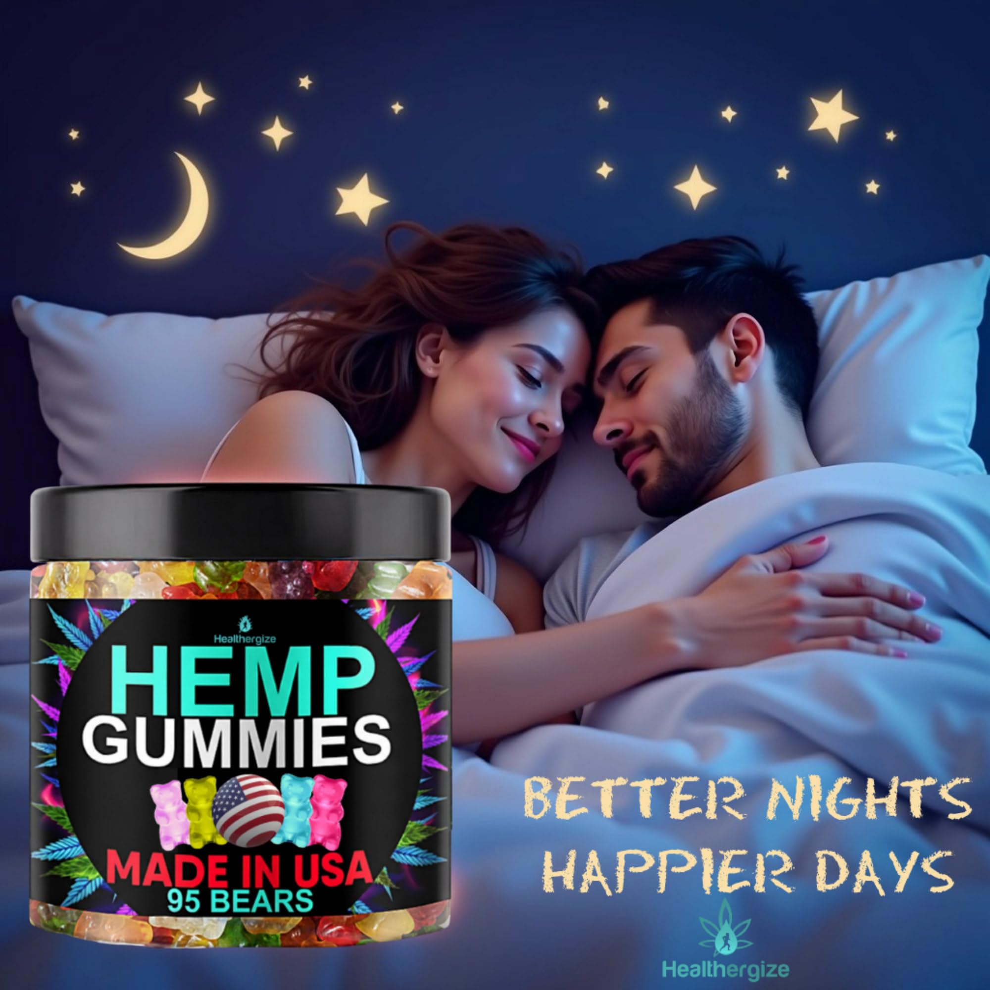 Boîte Healthergize Gummies 95 Count prête à l’utilisation nocturne.