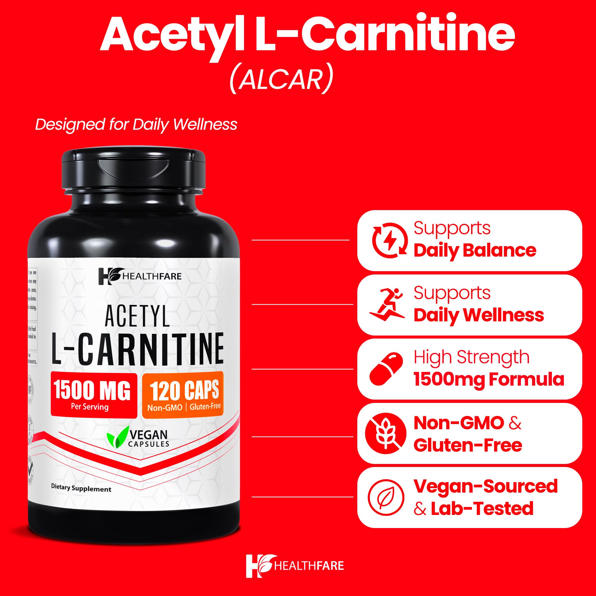 Healthfare ALCAR et L-Carnitine – comprimés pour énergie et routine quotidienne.