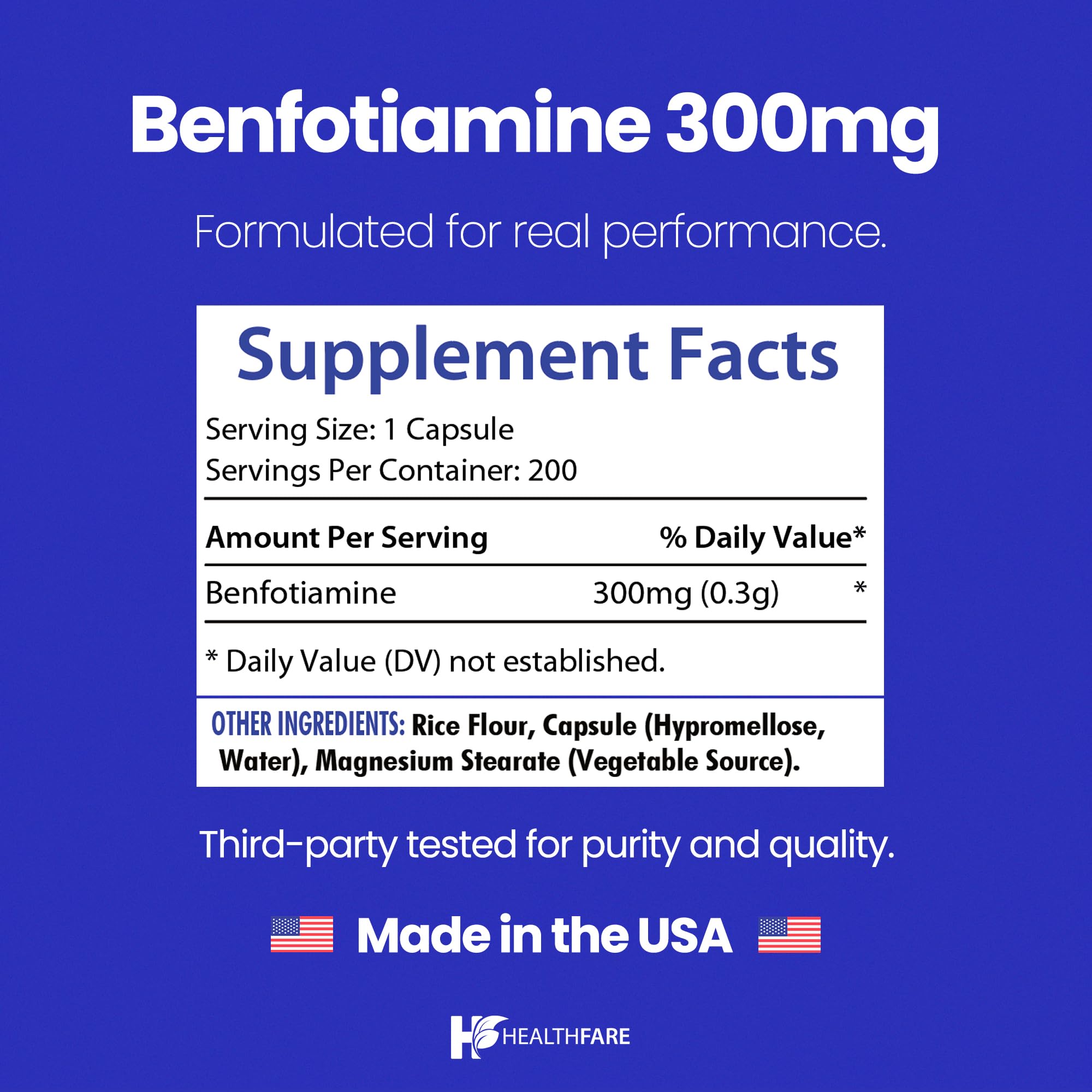 Healthfare Benfotiamine 300mg – capsules véganes avec haute biodisponibilité.