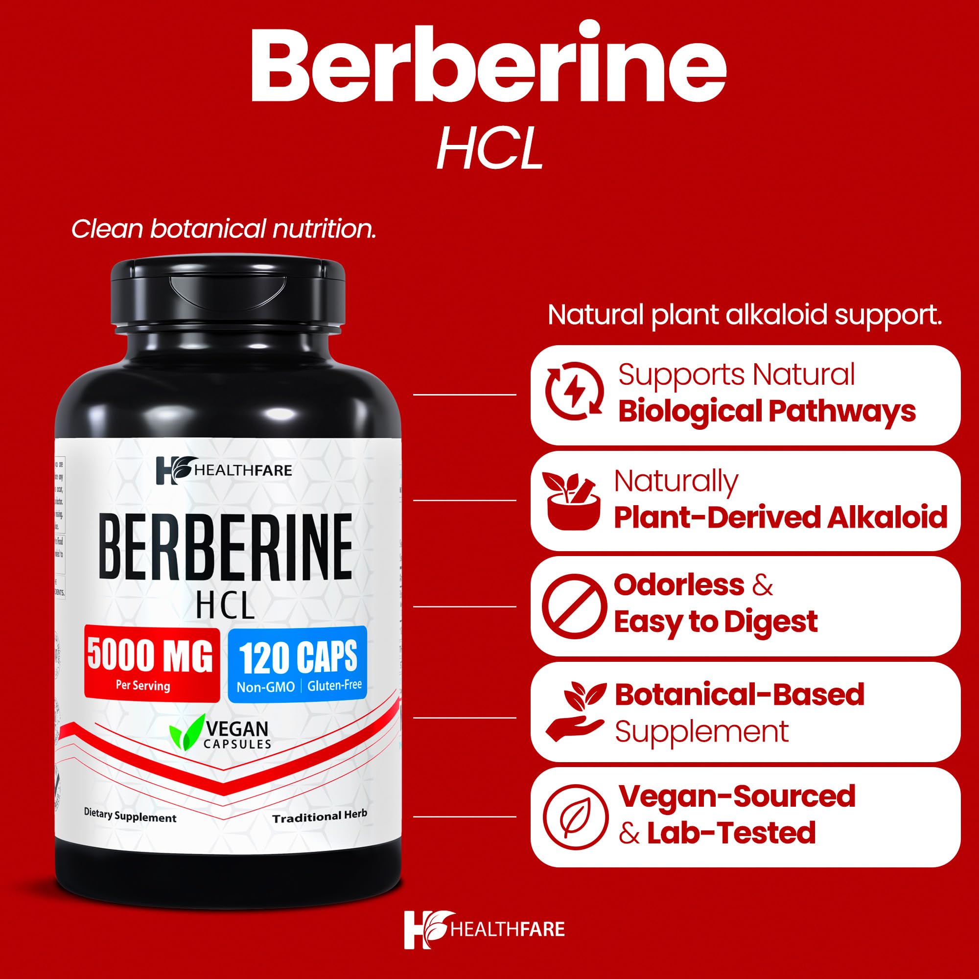 Healthfare Berberine HCL 5000 mg – capsules végétales faciles à avaler et à doser.
