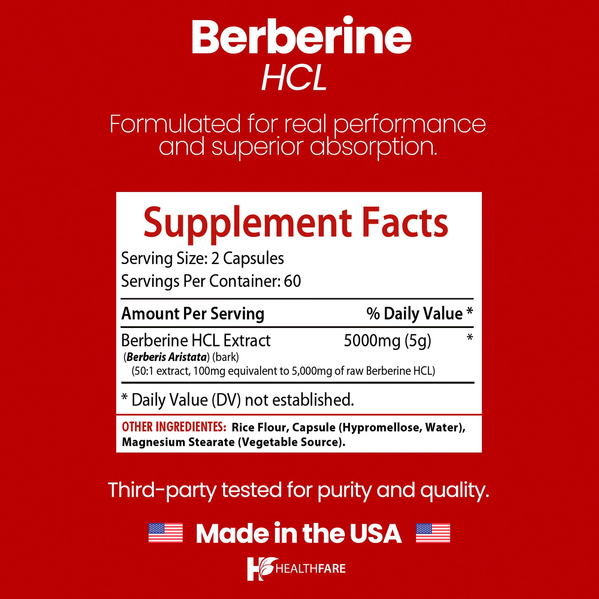 Healthfare Berberine HCL 5000 mg – extrait pur sans mélanges pour une pureté ciblée.