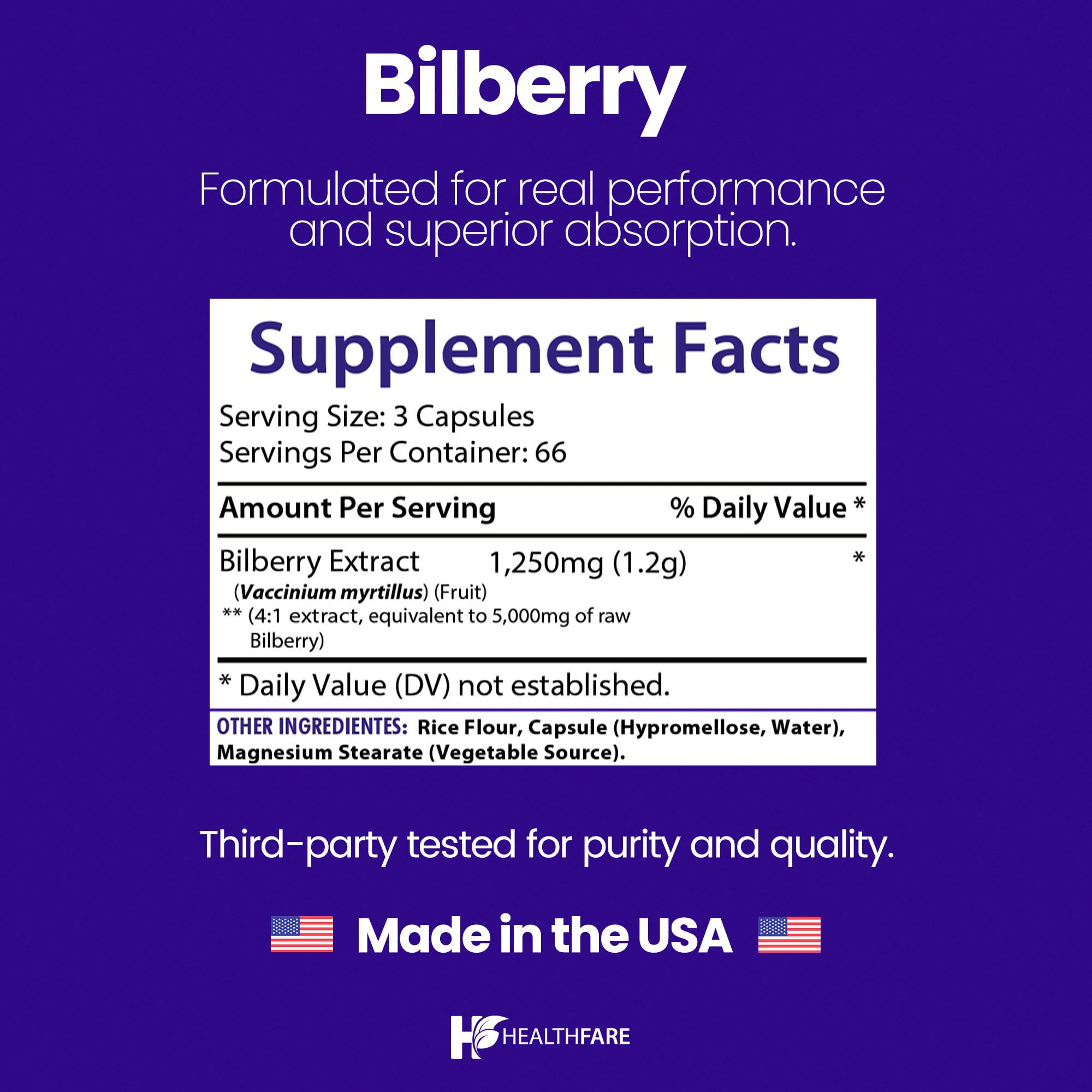 Étiquette HealthFare Bilberry sur l’emballage végan et sans OGM, pour une routine saine.