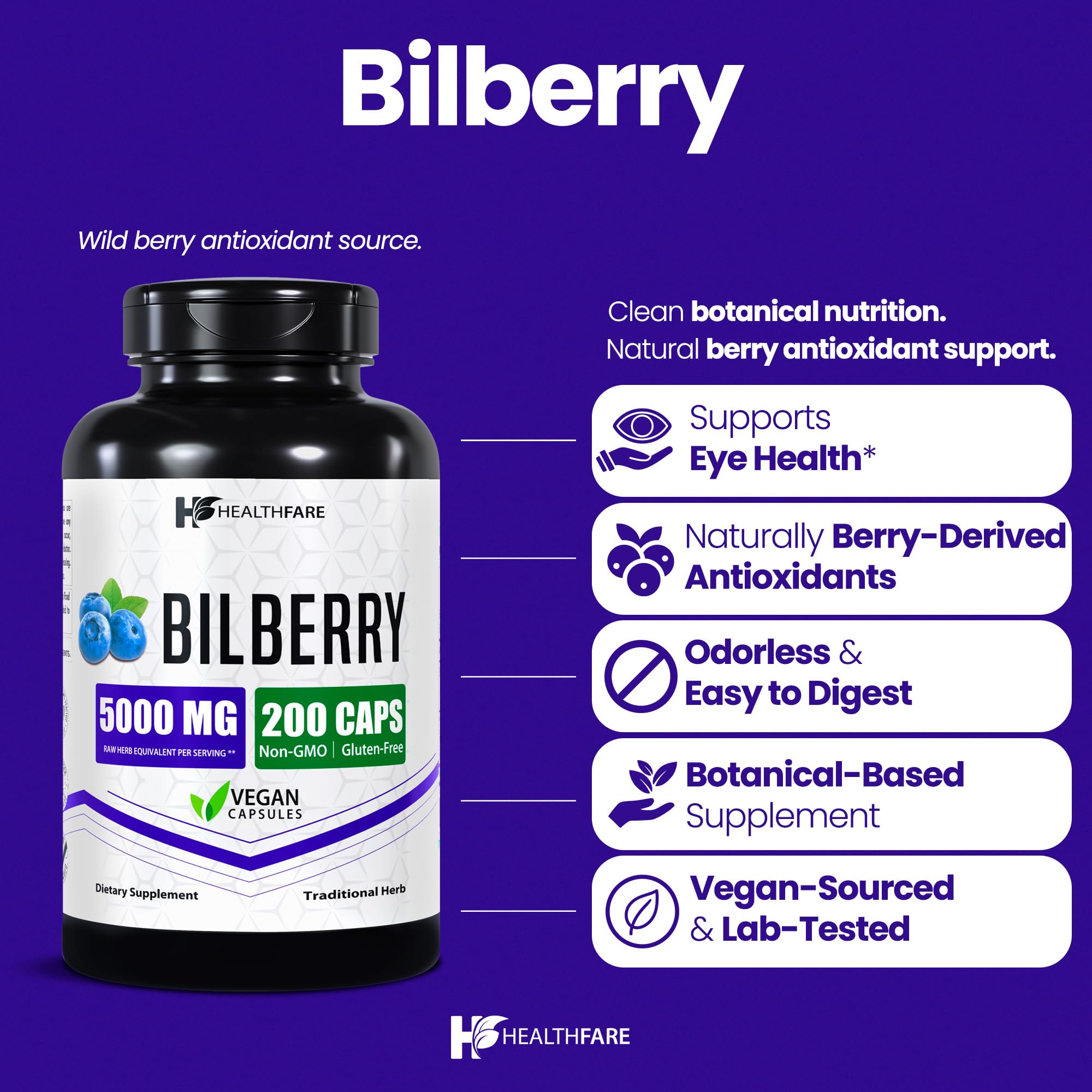 Extrait concentré HealthFare Bilberry en flacon, concentration élevée pour l'apport quotidien.