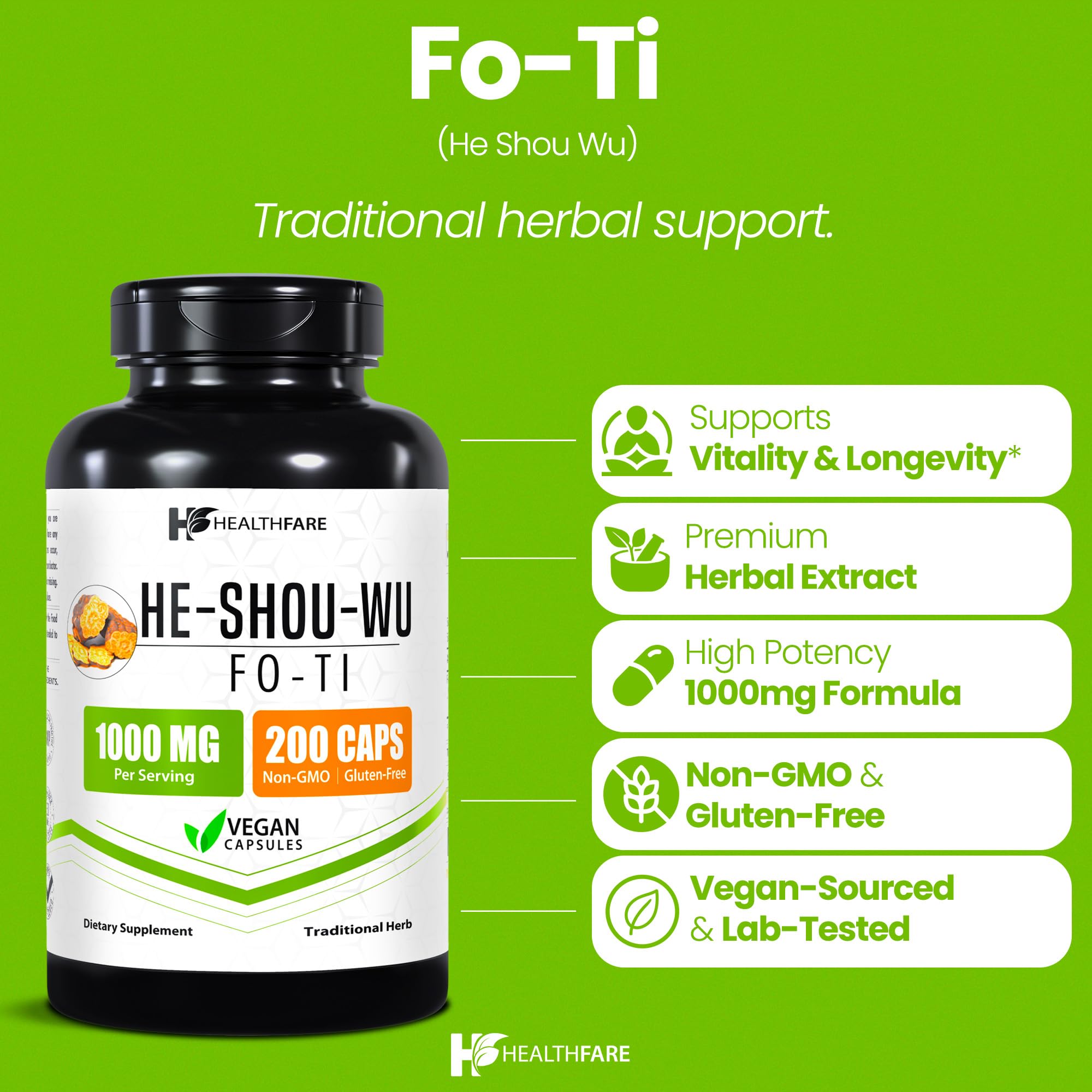 HealthFare Fo-Ti extrait 1000 mg – étiquette indiquant l’extrait Fo-Ti concentré.