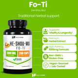 HealthFare Fo-Ti extrait 1000 mg – étiquette indiquant l’extrait Fo-Ti concentré.