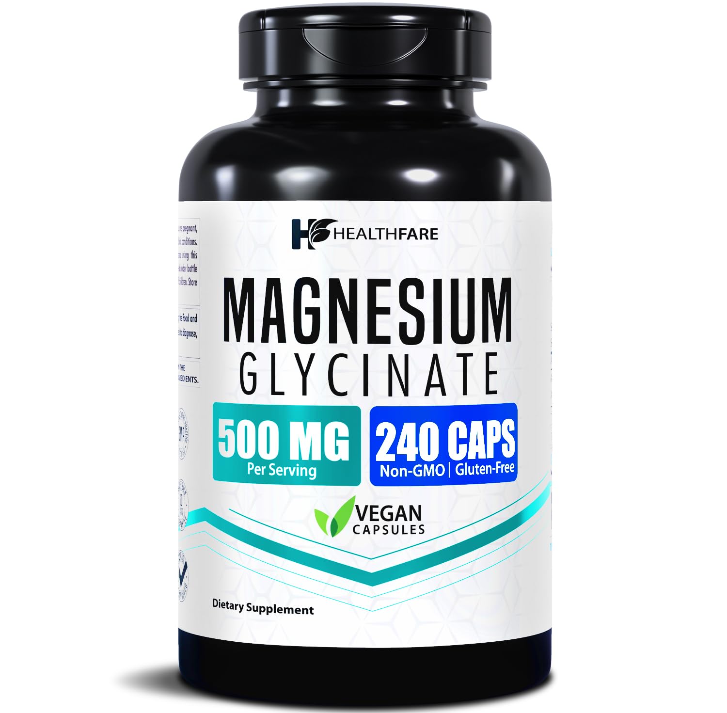 HealthFare Magnésium Glycinate 500 mg – capsules véganes, soutien potentiel à la détente musculaire.