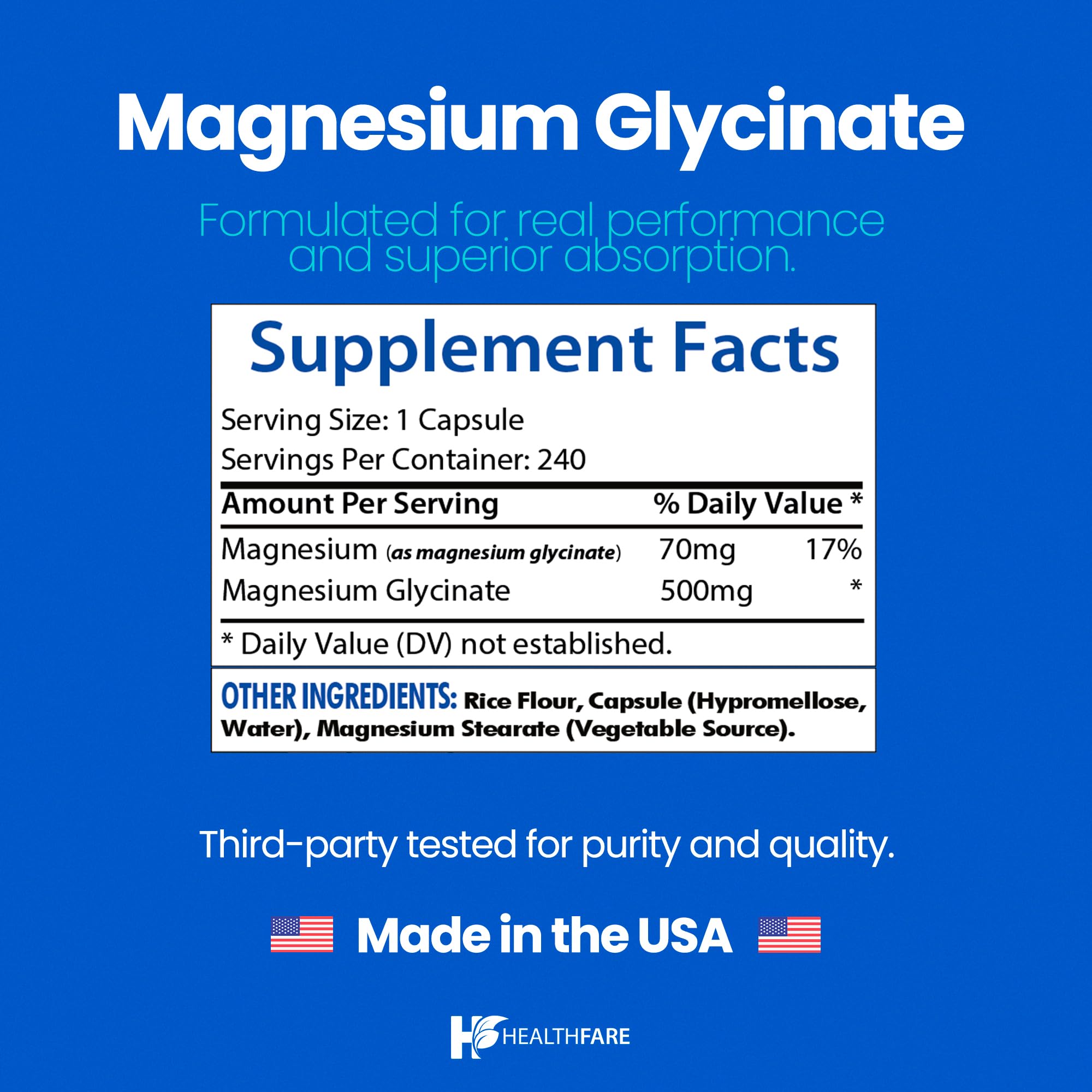 HealthFare Magnésium Glycinate 500 mg – sans gluten, convient à divers régimes.