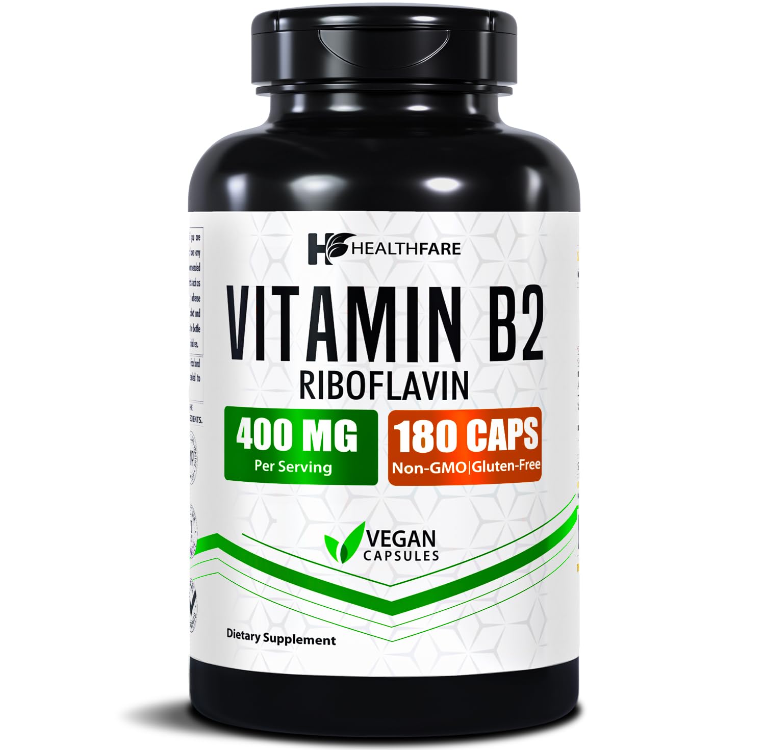 Healthfare Riboflavine 400 mg dans la bouteille, soutien potentiel au métabolisme énergétique.