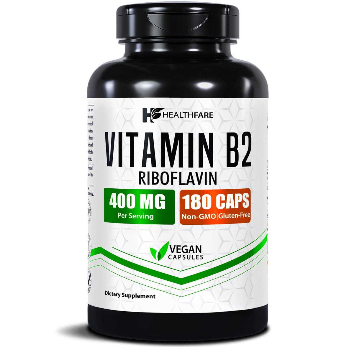 Healthfare Riboflavine 400 mg dans la bouteille, soutien potentiel au métabolisme énergétique.
