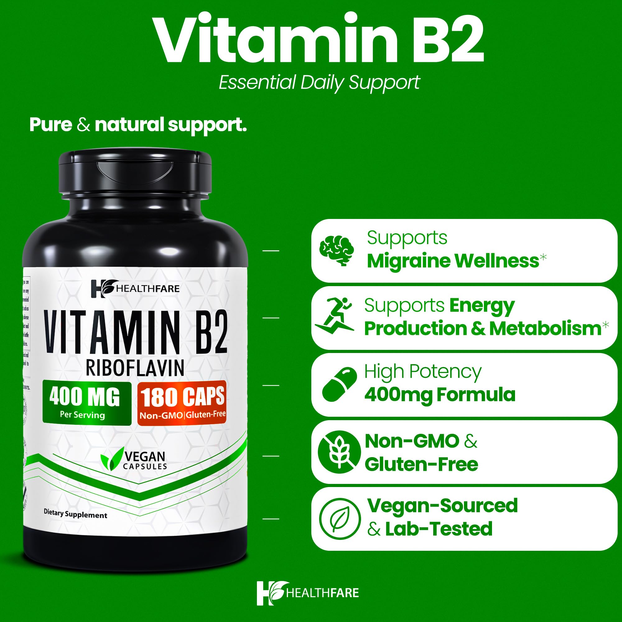 Capsules véganes Healthfare Riboflavine, faciles à avaler pour l'apport journalier.