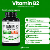 Capsules véganes Healthfare Riboflavine, faciles à avaler pour l'apport journalier.