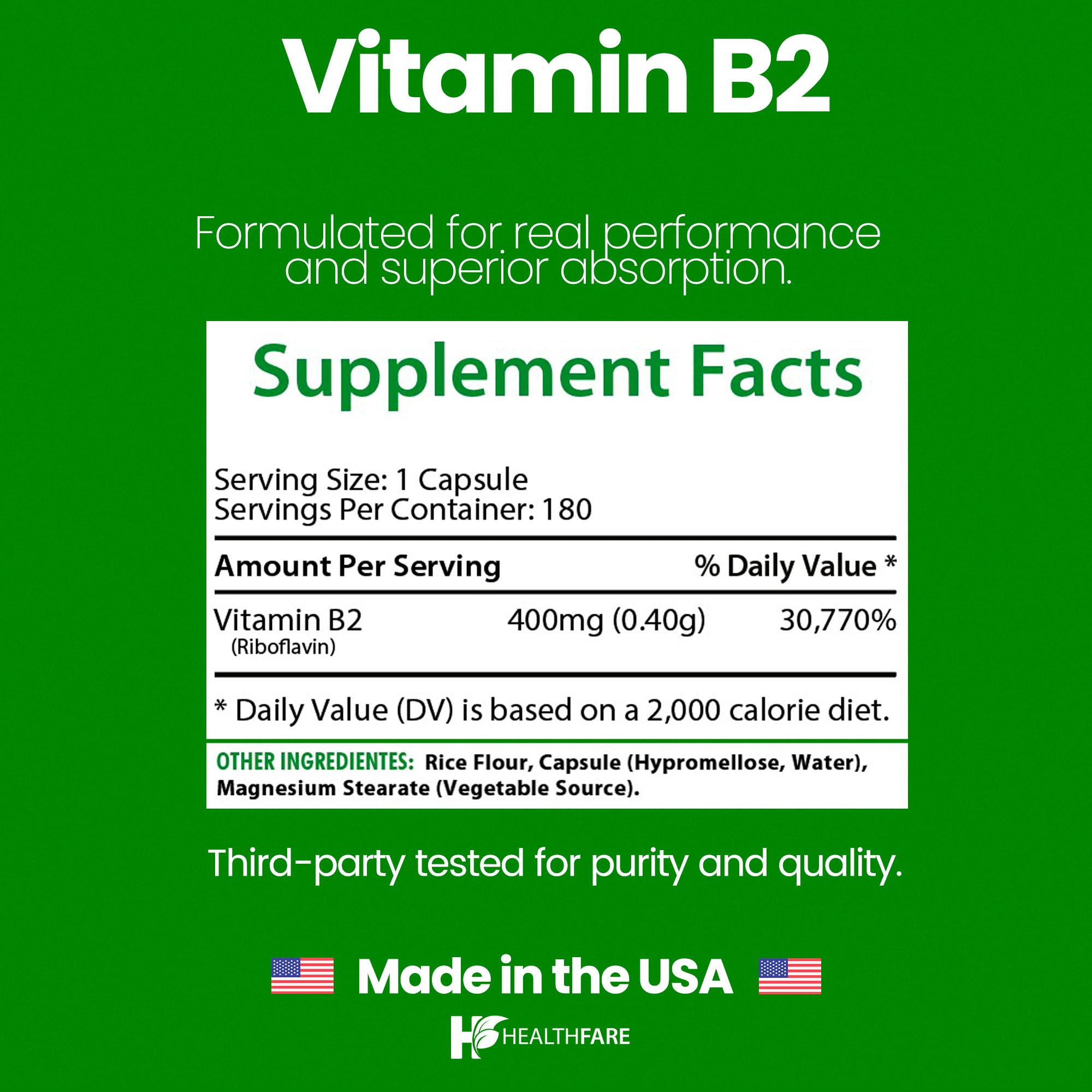 Étiquette Healthfare Riboflavine 400 mg, informations claires sur l'apport quotidien.