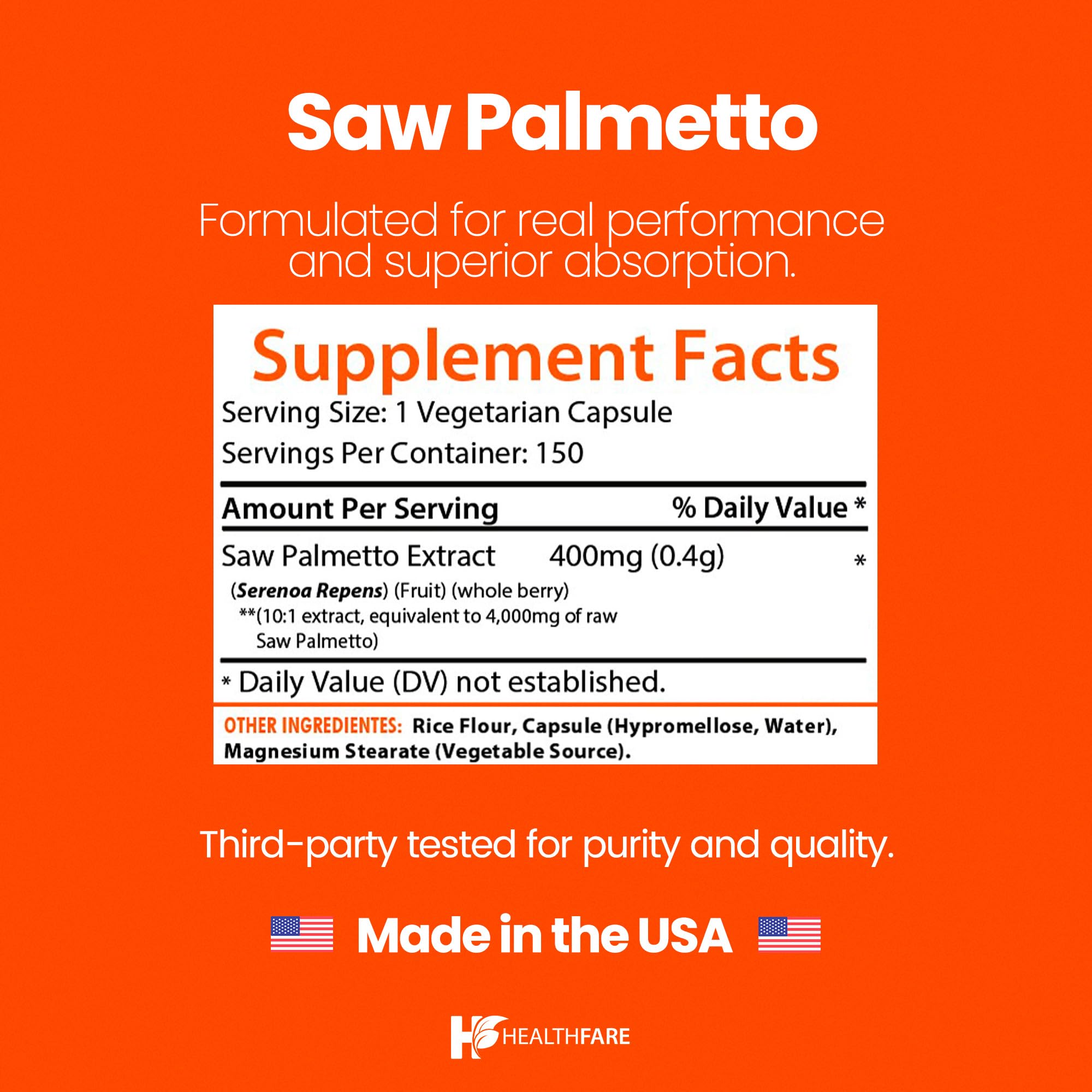 Healthfare Saw Palmetto étiquette: ingrédients et informations claires
