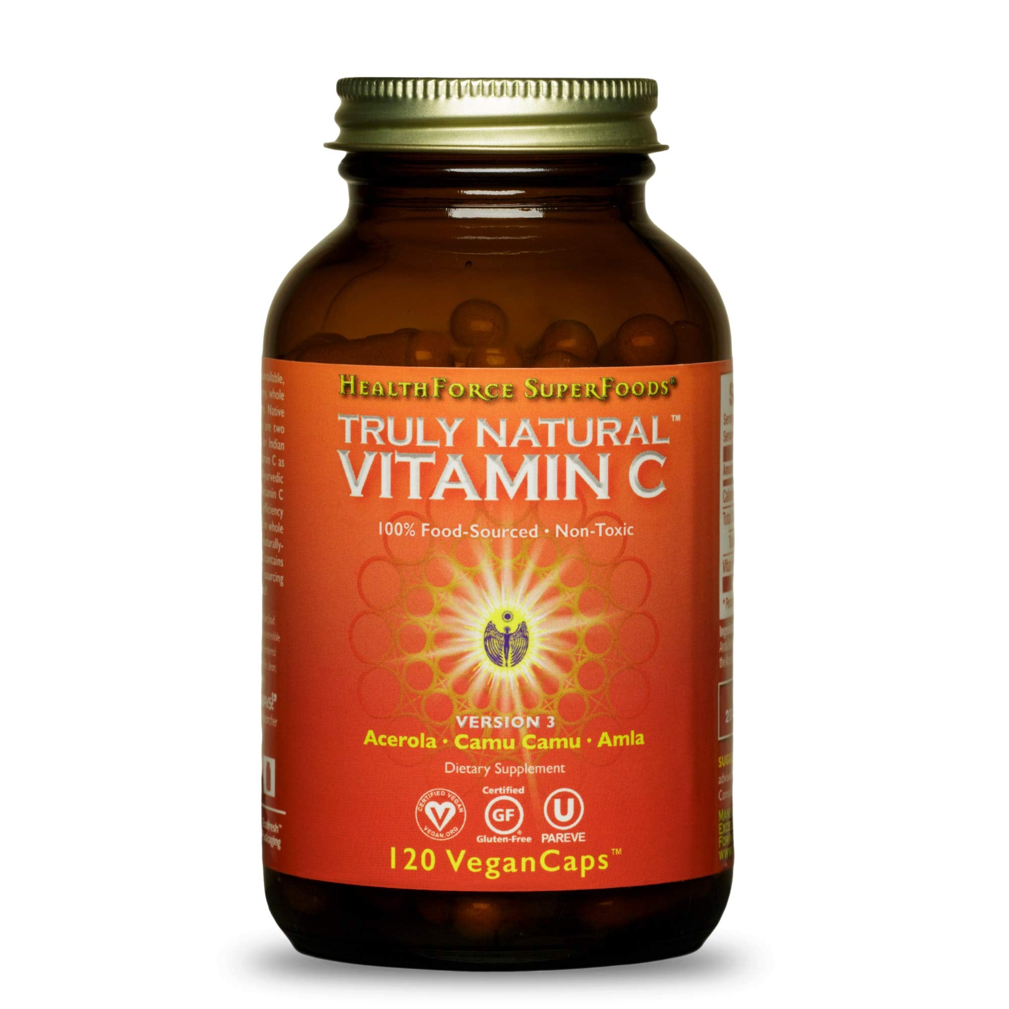 Flacon HEALTHFORCE SUPERFOODS Truly Natural Vitamin C pour dose quotidienne facile.