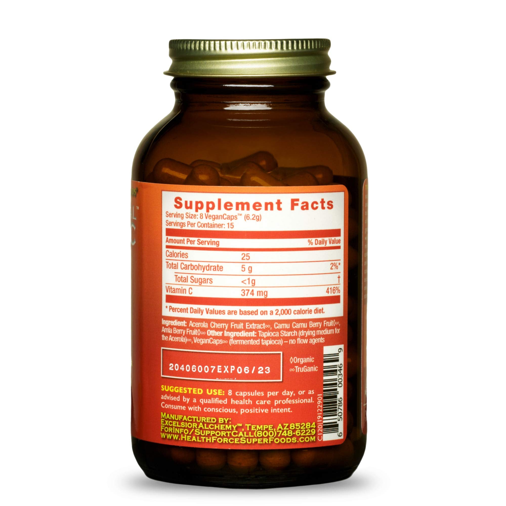 Capsules HEALTHFORCE SUPERFOODS Truly Natural Vitamin C faciles à avaler et véganes.