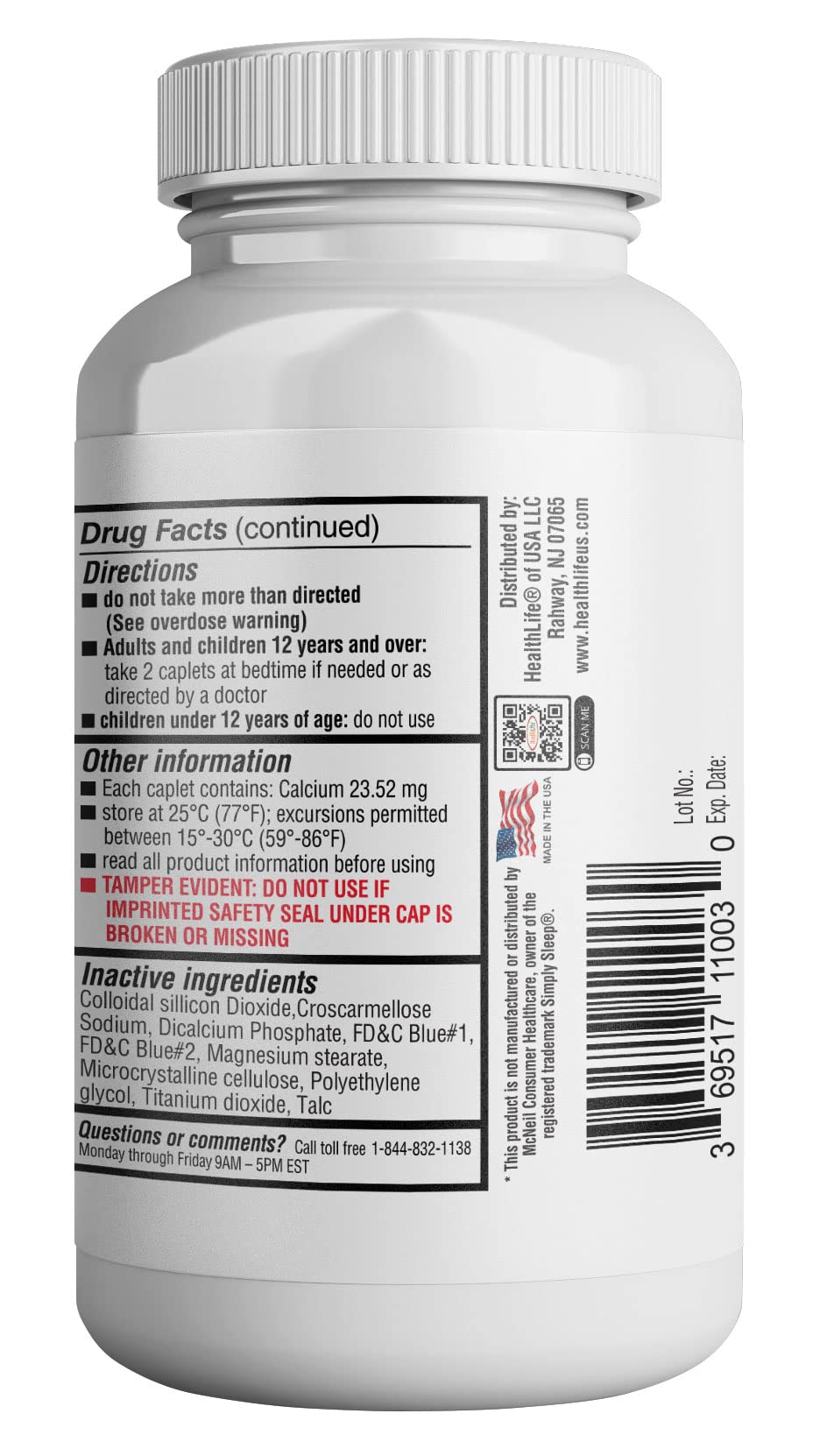 HealthLife diphenhydramine 25 mg, ingrédient actif pour l'endormissement nocturne.